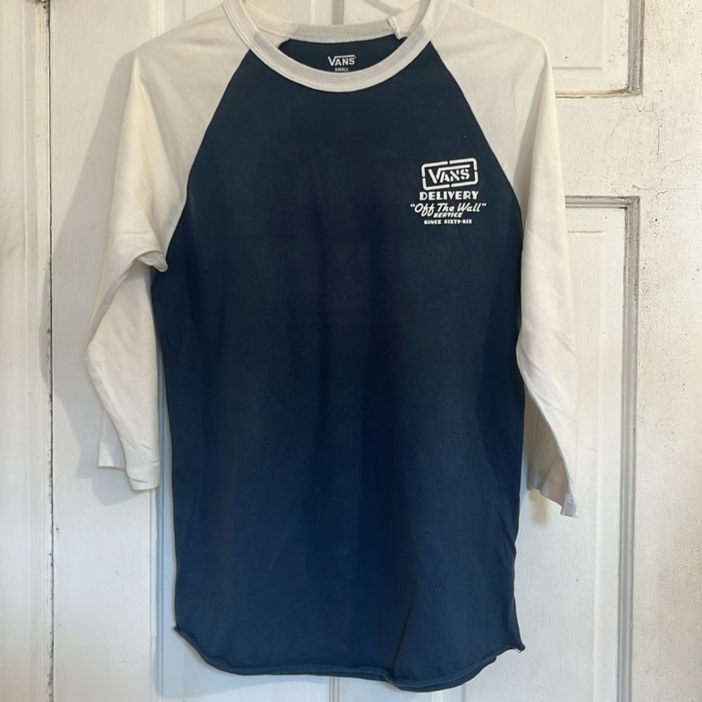 Vans women’s Navy and White Raglan Tee in size small